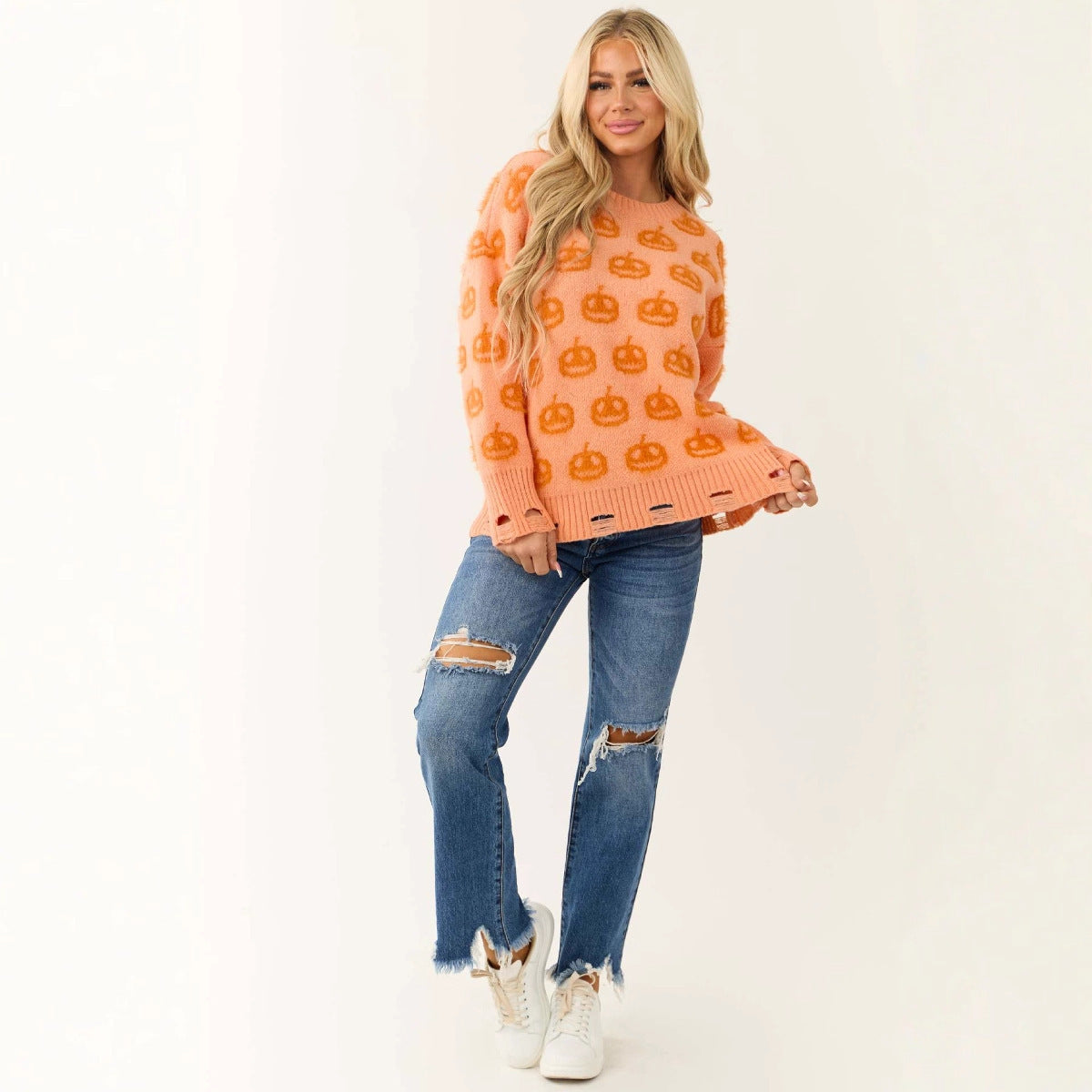Women's Pumpkin Round Neck Pullover Sweater