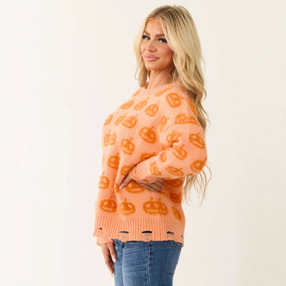 Women's Pumpkin Round Neck Pullover Sweater