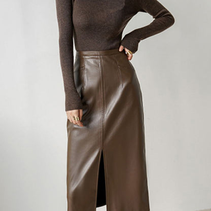 Front Slit Leather Skirt