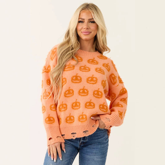 Women's Pumpkin Round Neck Pullover Sweater